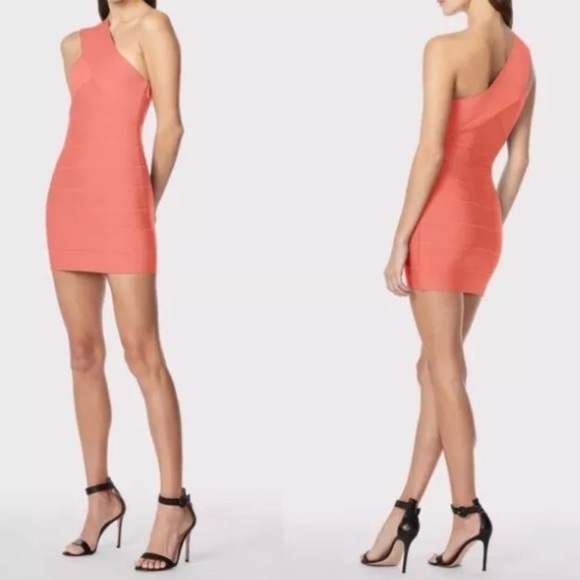 Herve Leger Paris Asymmetrical Mini Dress in Coral Peach Size M - Picture 13 of 13